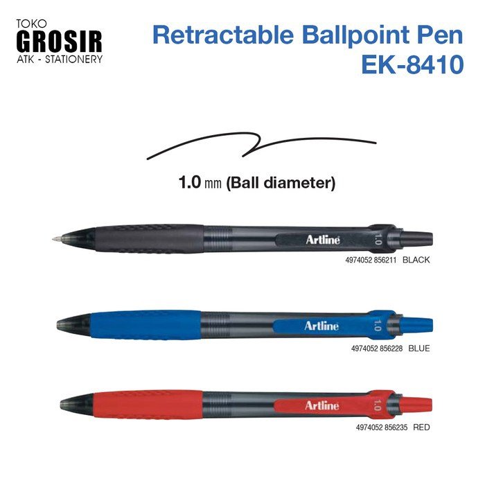 Artline Retractable Ballpoint Pen EK-8410 Black 1mm PK 12pcs