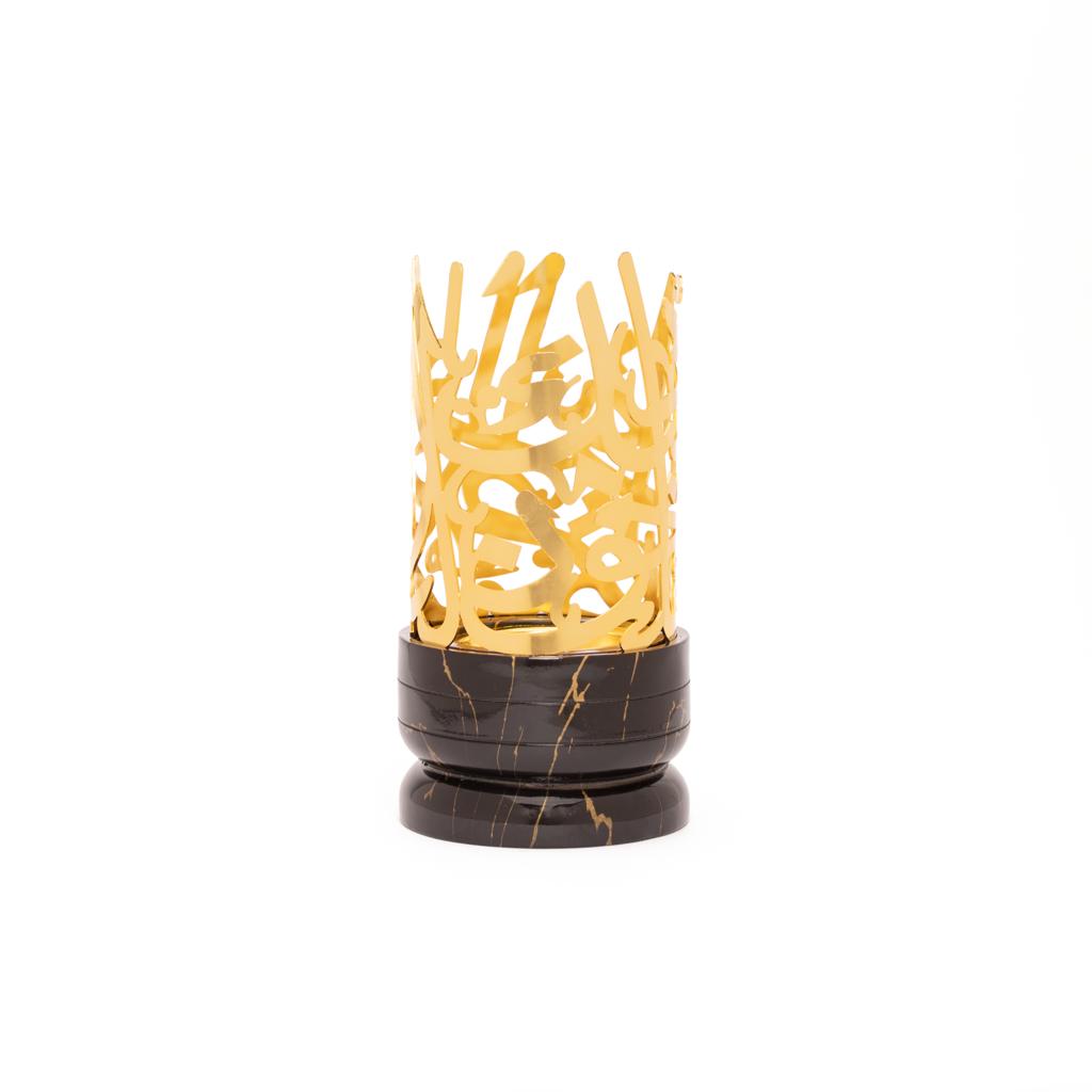 Marble incense burner with golden cover in the shape of Arabic letters - black and gold 