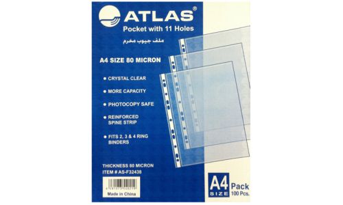 Atlas AS-F32438 Punch Sheet Protector 80mic A4 Plastic Transparent PK 100pcs 