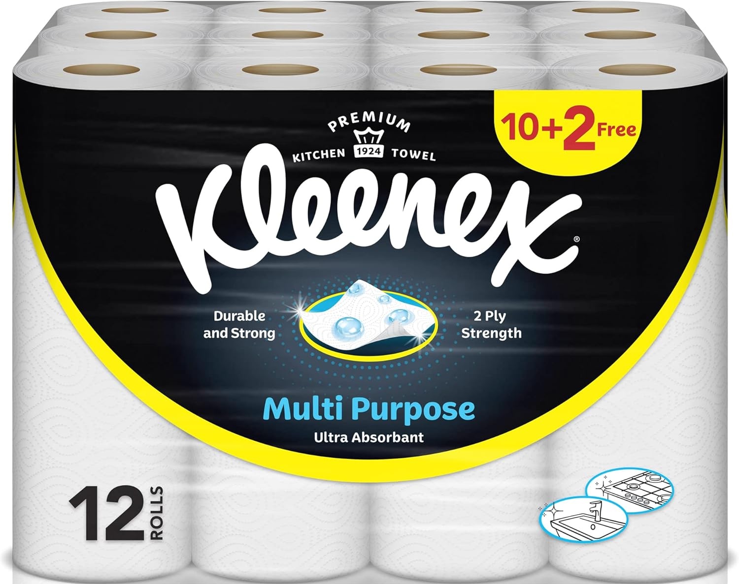 Kleenex Multi Purpose Kitchen Tissue Paper Towel 40 Sheets 2 PLY 12 Rolls Absorbent Towels for all Surfaces