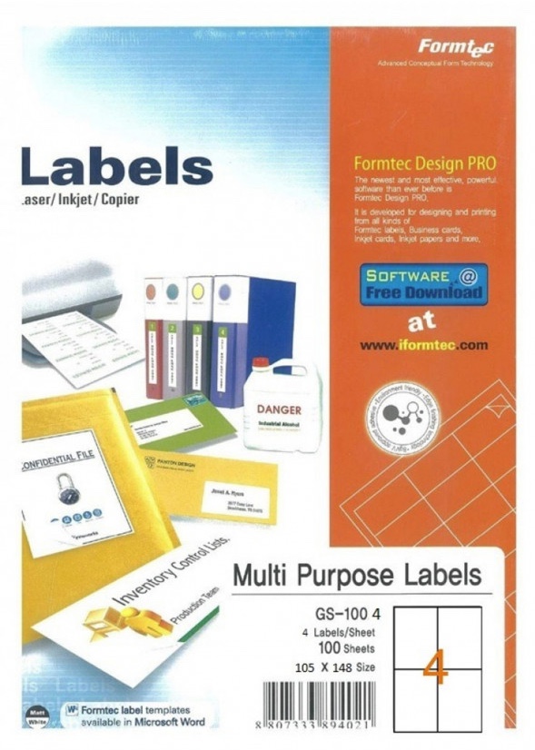 Formatec Multi Purpose Labels A4 No.4 PK 100 Sheet